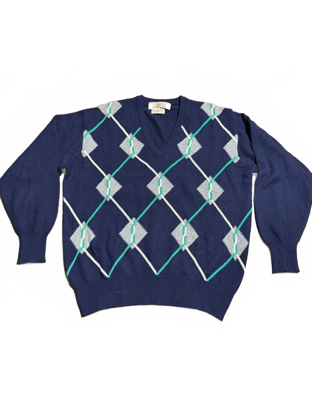 Lyle & Scott Mens Vintage Scotland Cashmere Argyle V Neck Sweater 42 Navy 80's